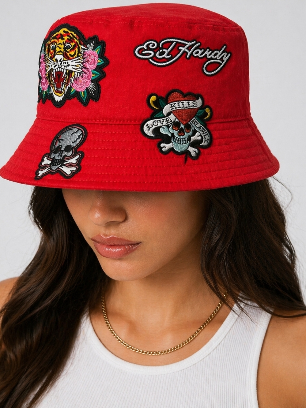 🆕️Ed Hardy Red Bucket Hat Tiger Skull Embroidered Streetwear Unisex